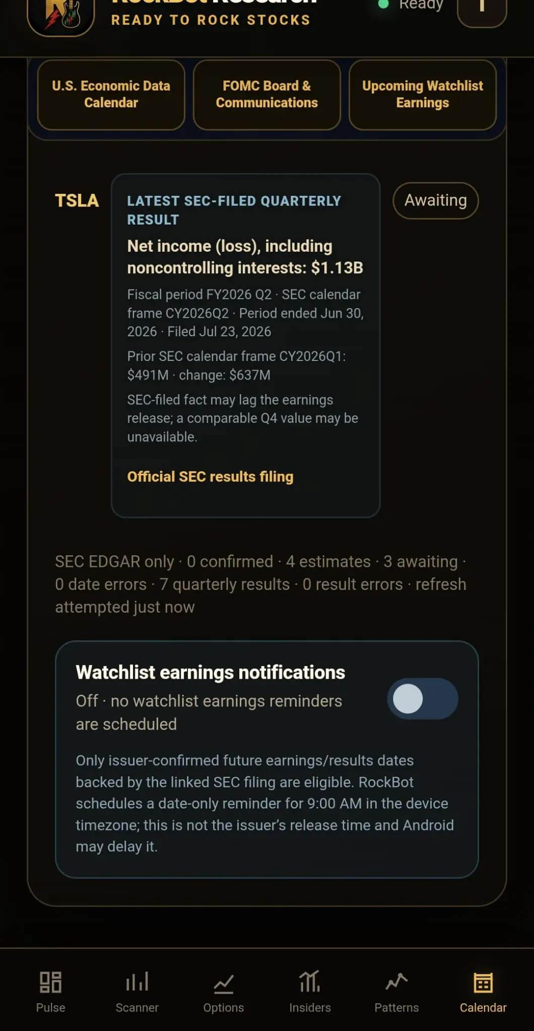 TSLA SEC-filed quarterly result and optional watchlist-earnings notification control.