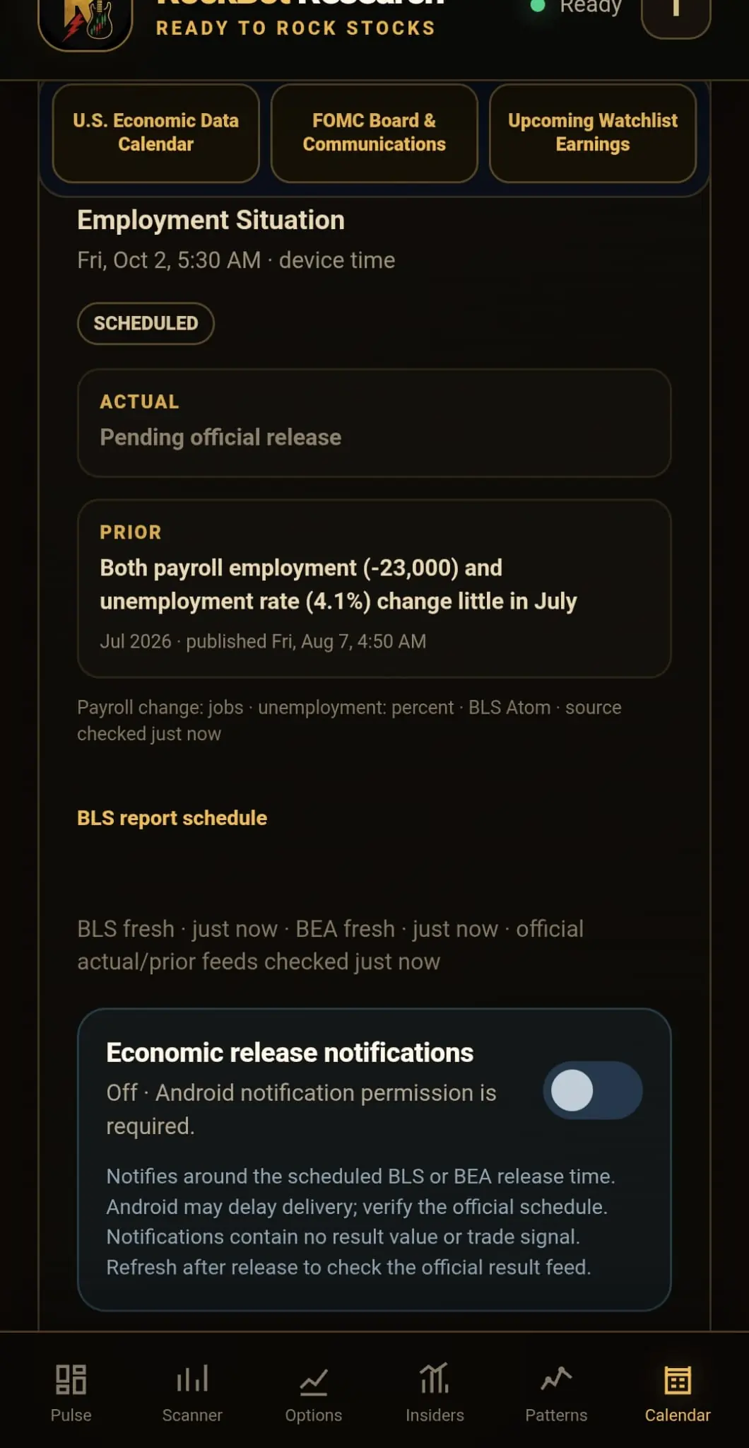 Employment Situation schedule, prior official result, and optional economic-release notification control.