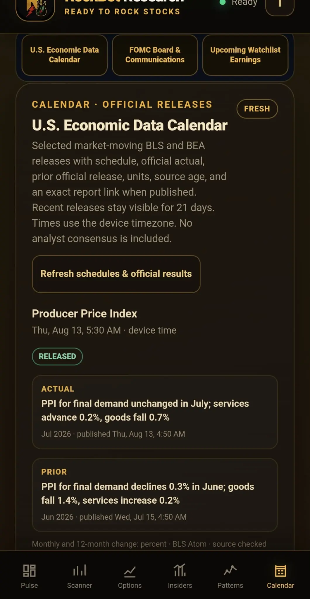 Official-source U.S. Economic Data Calendar showing a scheduled release, current and prior official results, units, source age, and report link.