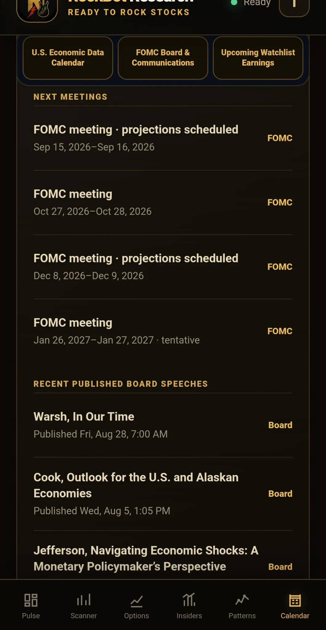 Scheduled FOMC meetings and recently published Federal Reserve Board speeches.