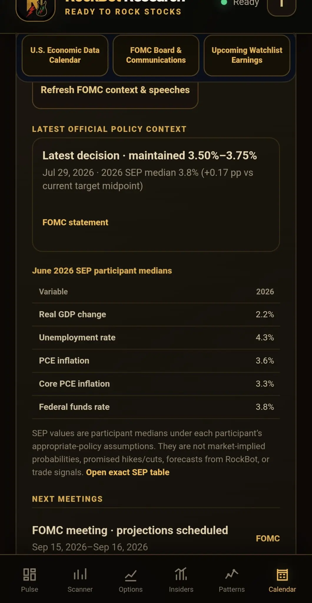 Official Federal Reserve policy context showing the latest FOMC decision and participant median projections.