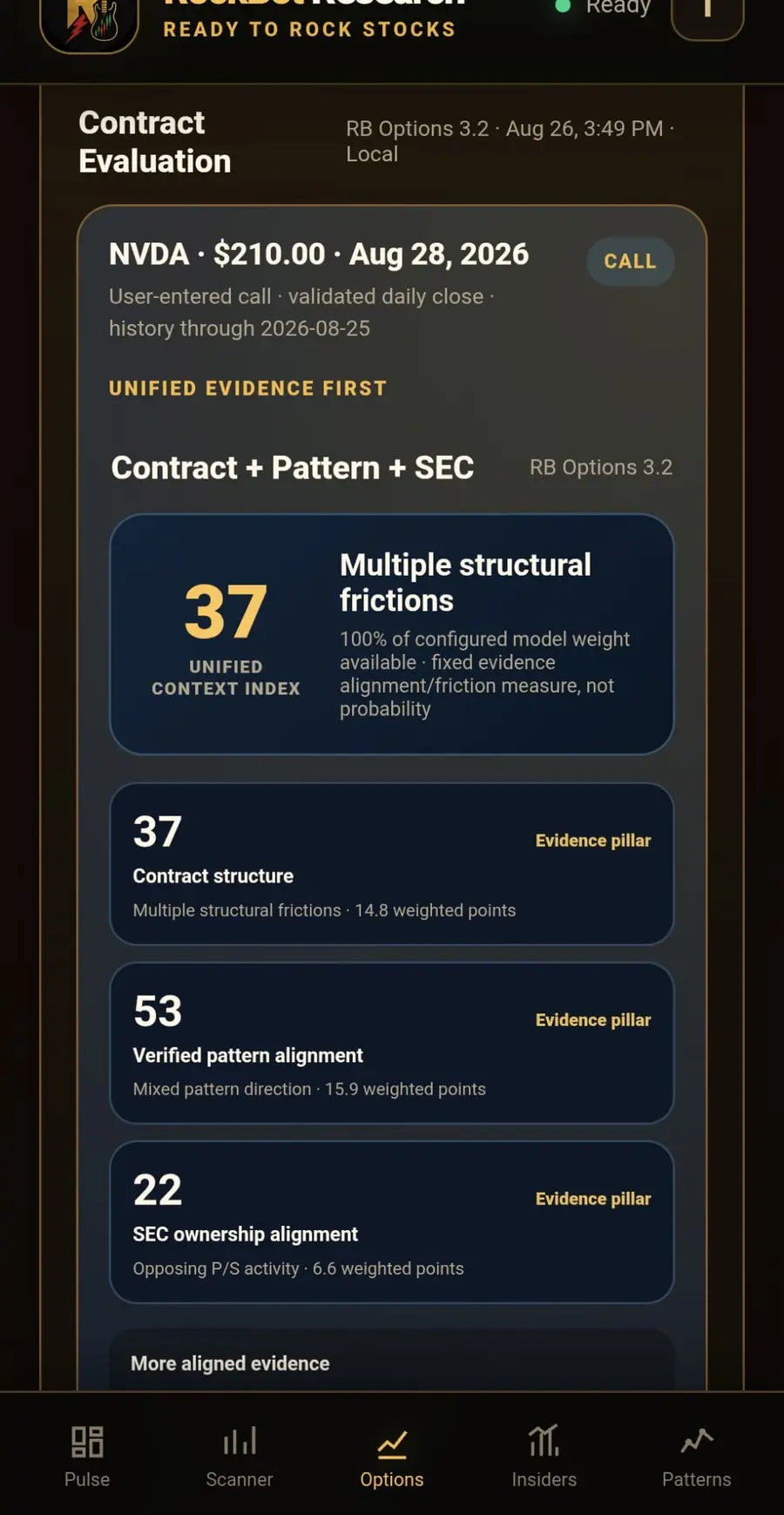 RockBot Research option evaluation combining contract structure, pattern alignment, and SEC filing context