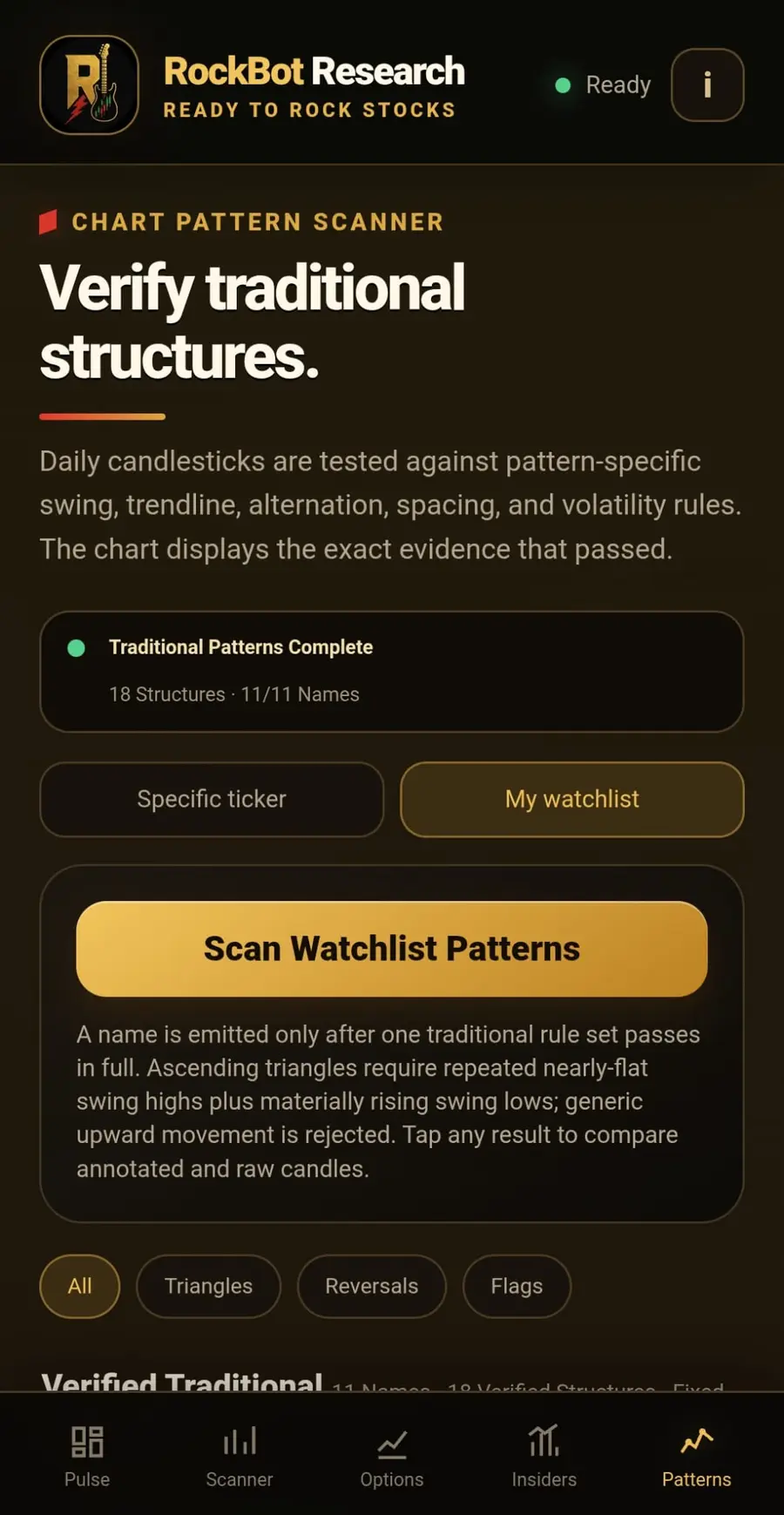 RockBot Research Pattern Scanner overview with watchlist scan controls and methodology