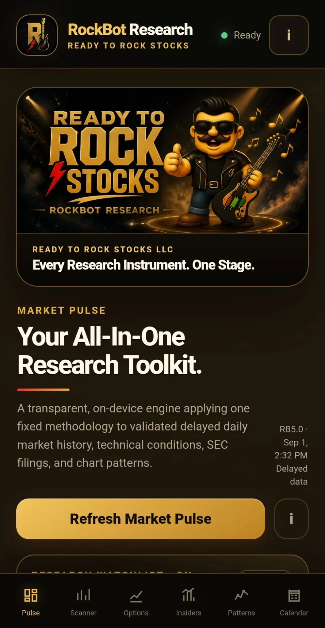 RockBot Research Market Pulse screen with the Ready to Rock Stocks branded header and six-section Android navigation