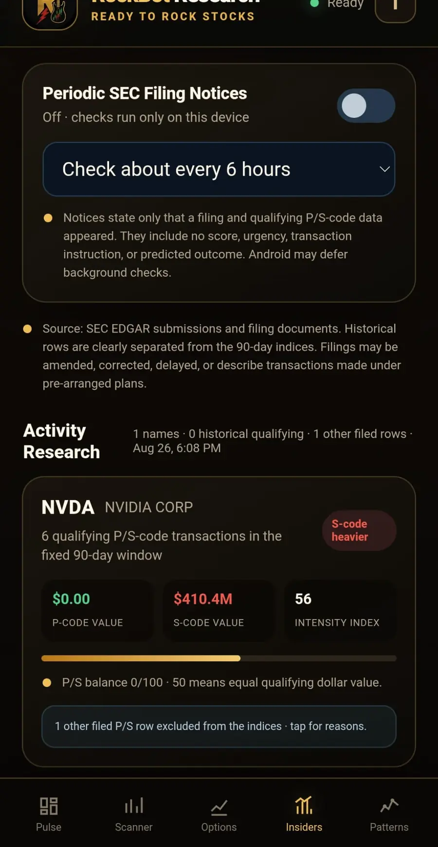 RockBot Research SEC screen showing periodic filing notice controls and NVDA activity research